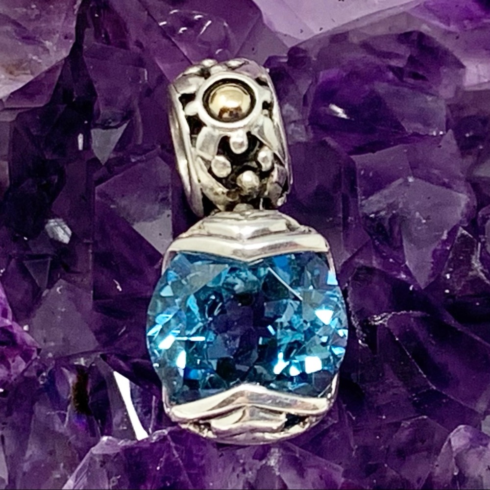 John Hardy Batu Sari Sterling Silver 18k Yellow Gold Blue Topaz Gemstone Pendant